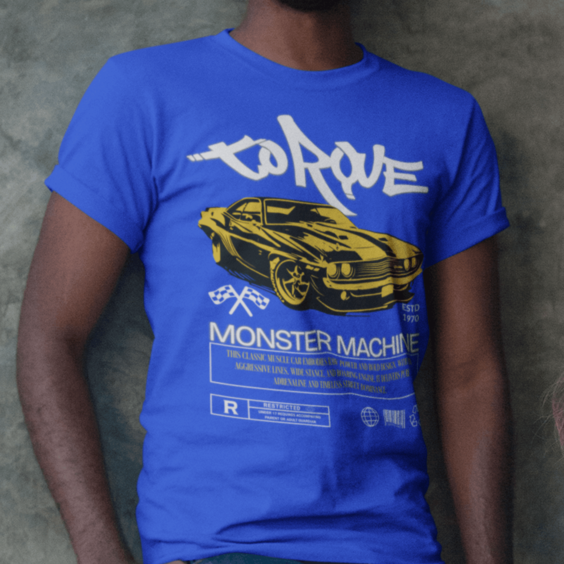 Model wearing “Torque Monster Machine” unisex t-shirt featuring vintage muscle car design in yellow, streetwear tee by LostLogicCo Canada