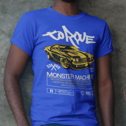 Model wearing “Torque Monster Machine” unisex t-shirt featuring vintage muscle car design in yellow, streetwear tee by LostLogicCo Canada