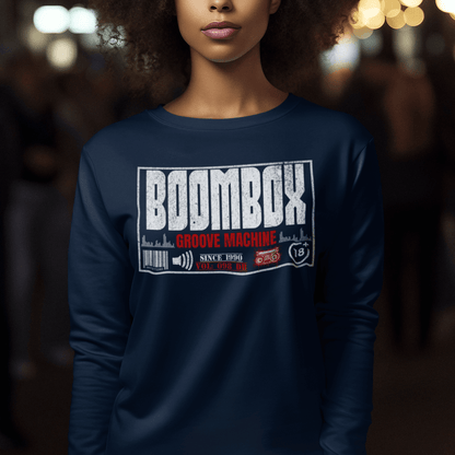 Model wearing unisex graphic sweatshirt with “Boombox Groove Machine” design, casual cotton blend crewneck by LostLogicCo Canada