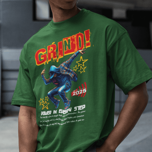 Person wearing neon “GRIND!” motivational t-shirt, unisex dance-inspired streetwear by LostLogicCo Canada