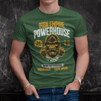 Model wearing unisex gym graphic t-shirt with “Iron Empire Powerhouse” gorilla design, casual cotton tee by LostLogicCo Canada