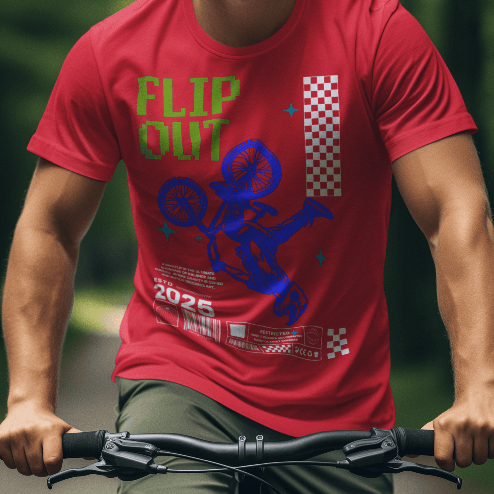 Person wearing “Flip Out 2025” BMX freestyle t-shirt, bold neon action sports tee by LostLogicCo Canada