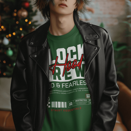 Model wearing “Block Hood Crew Loud & Fearless” unisex sweatshirt with street-style typography and red graphic details by LostLogicCo Canada