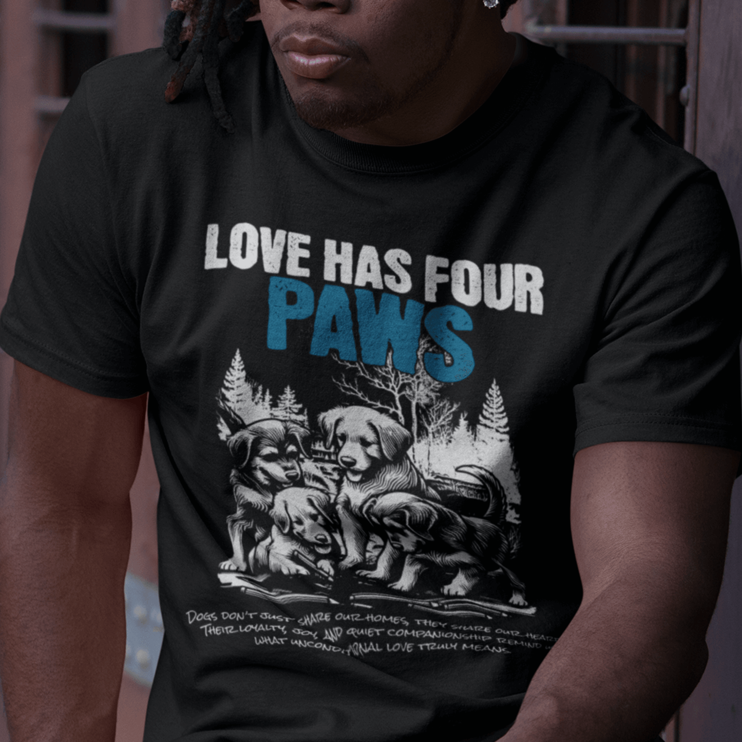 Model wearing “Love Has Four Paws” unisex t-shirt with dog illustration and pet love message, soft cotton tee by LostLogicCo Canada