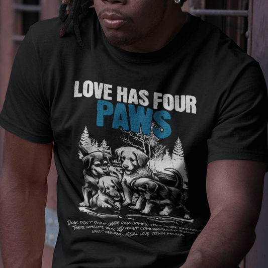 Model wearing “Love Has Four Paws” unisex t-shirt with dog illustration and pet love message, soft cotton tee by LostLogicCo Canada