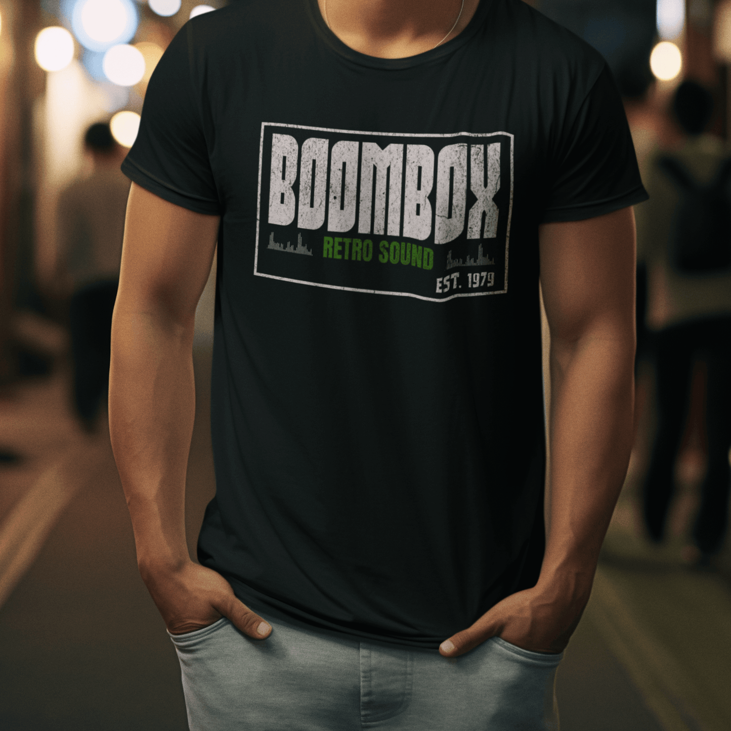 Model wearing unisex graphic t-shirt with “Boombox Retro Sound” design, casual short sleeve cotton tee by LostLogicCo Canada