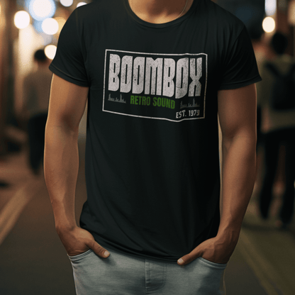 Model wearing unisex graphic t-shirt with “Boombox Retro Sound” design, casual short sleeve cotton tee by LostLogicCo Canada