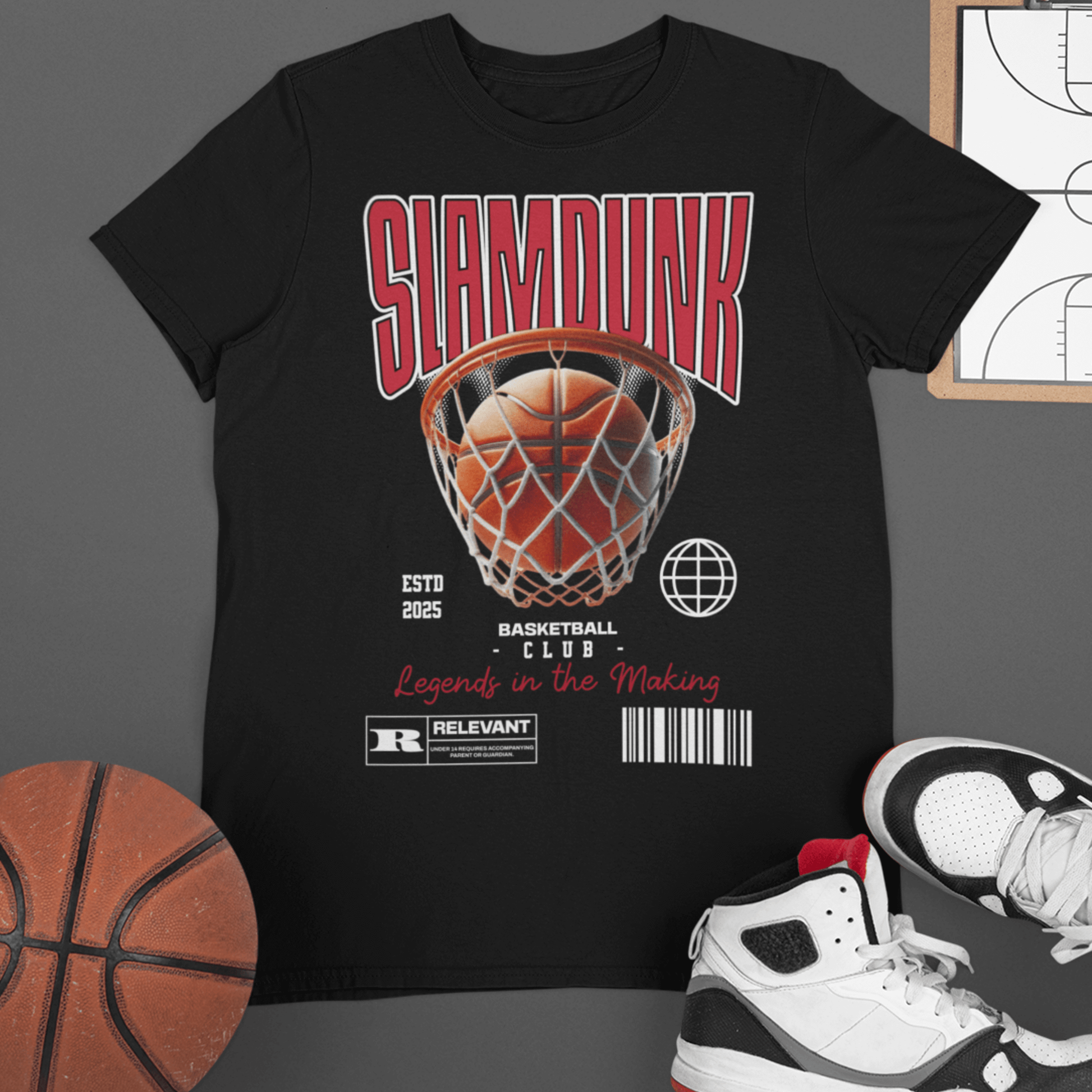 Youth t-shirt with “Slam Dunk Legends in the Making” basketball design, moisture-wicking fabric sports tee by LostLogicCo Canada