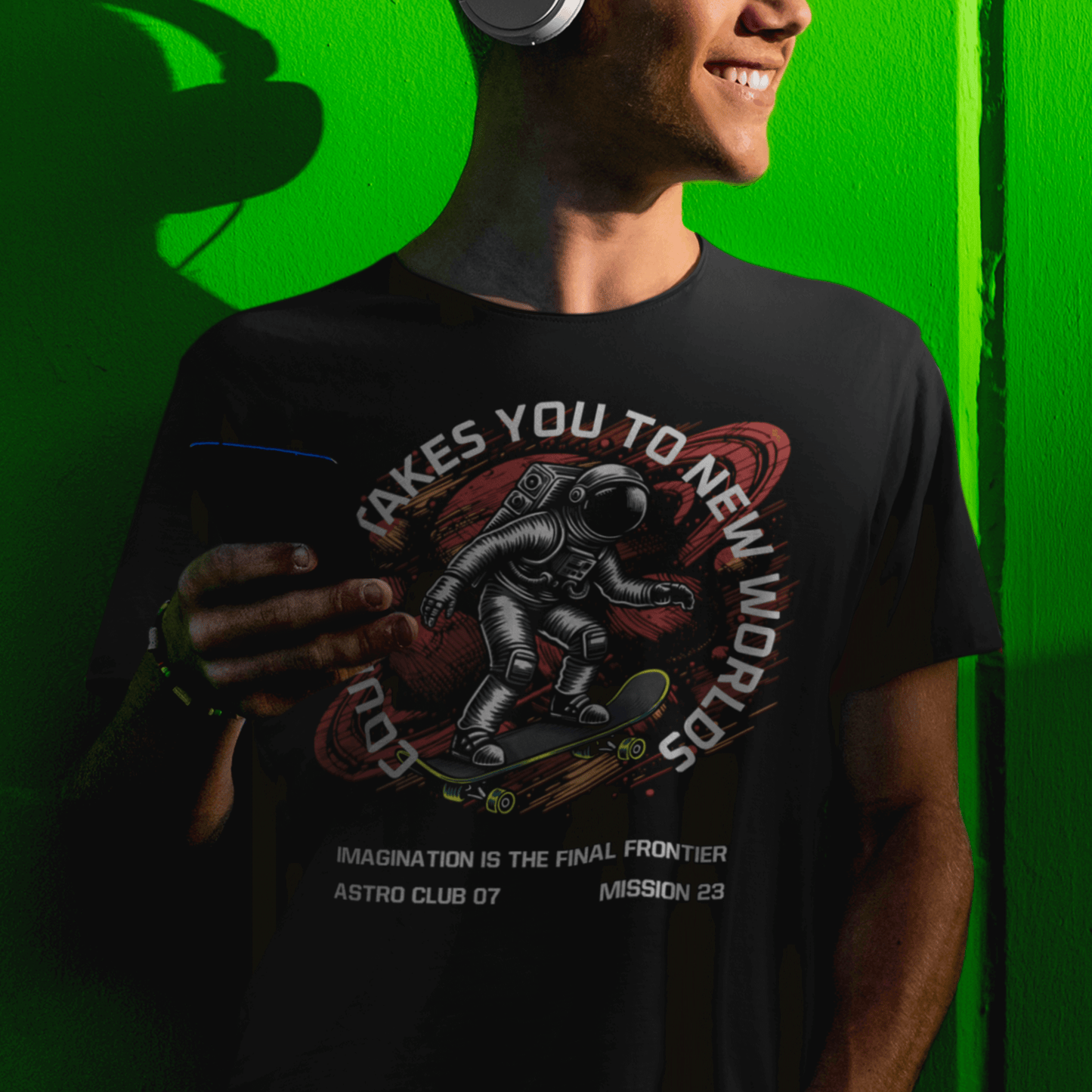 Youth wearing “Astro Skater” kids astronaut t-shirt, sporty moisture-wicking youth tee by LostLogicCo Canada