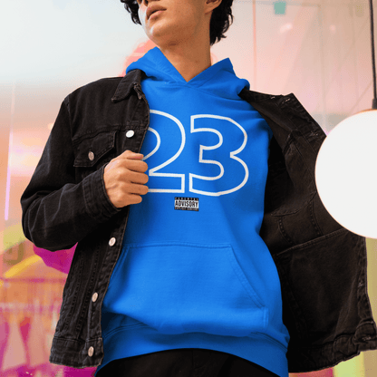 Male Model wearing blue hoodie with outlined “23” numeric graphic, minimal streetwear design by LostLogicCo Canada