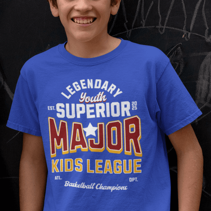 Child wearing “Major Kids League” sporty typography t-shirt, breathable cotton youth tee by LostLogicCo Canada