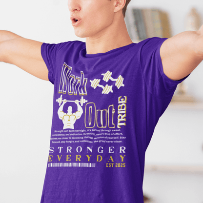 Model wearing “Work Out Tribe Stronger Everyday” gym motivation t-shirt, unisex DryBlend workout tee by LostLogicCo Canada