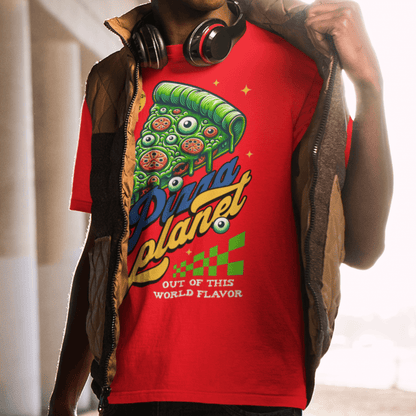 Youth wearing “Pizza Planet” funny cosmic pizza graphic t-shirt, sporty youth tee by LostLogicCo Canada