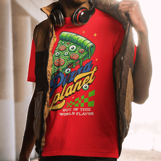 Youth wearing “Pizza Planet” funny cosmic pizza graphic t-shirt, sporty youth tee by LostLogicCo Canada