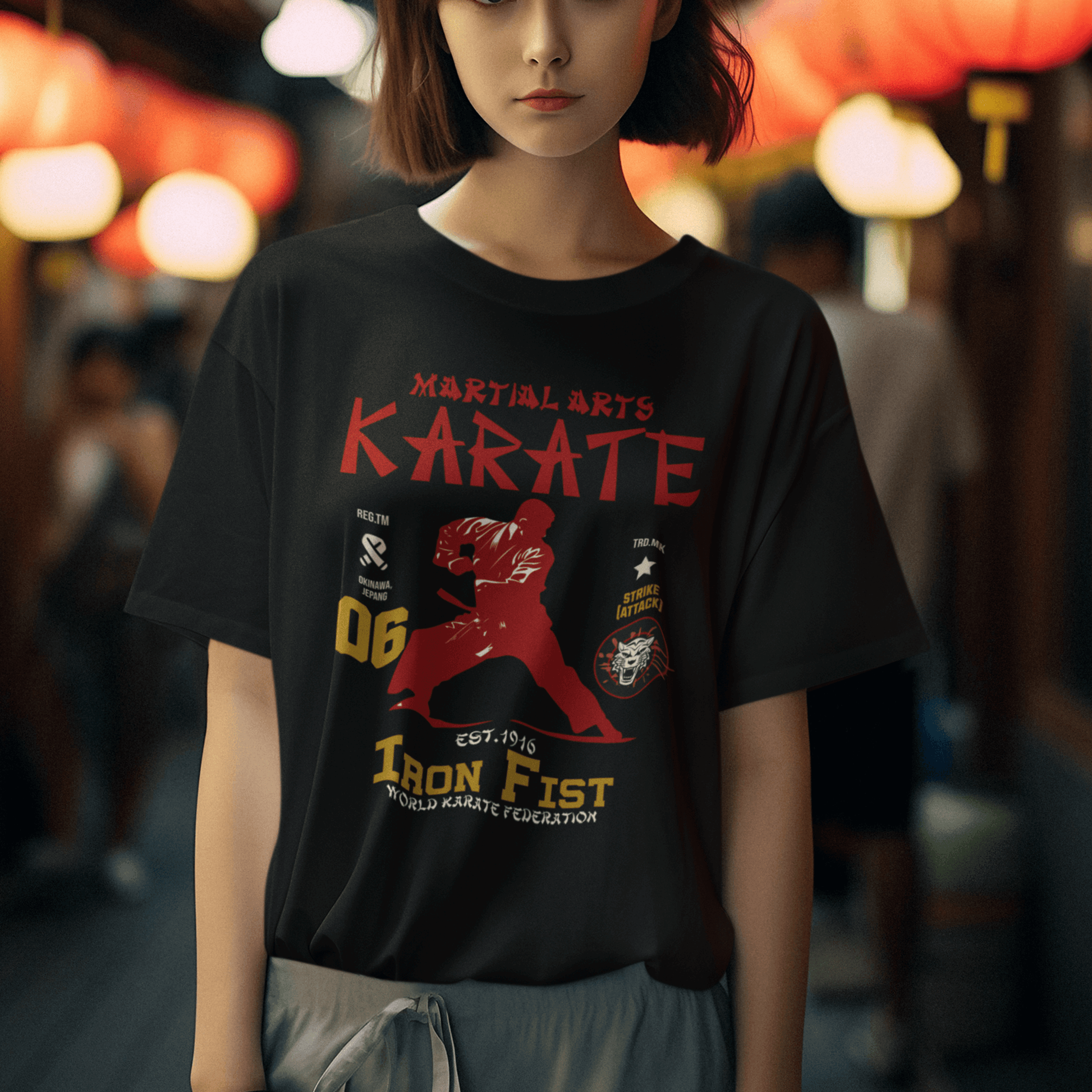 Model wearing unisex martial arts t-shirt with “Iron Fist Karate” design, casual softstyle cotton tee by LostLogicCo Canada