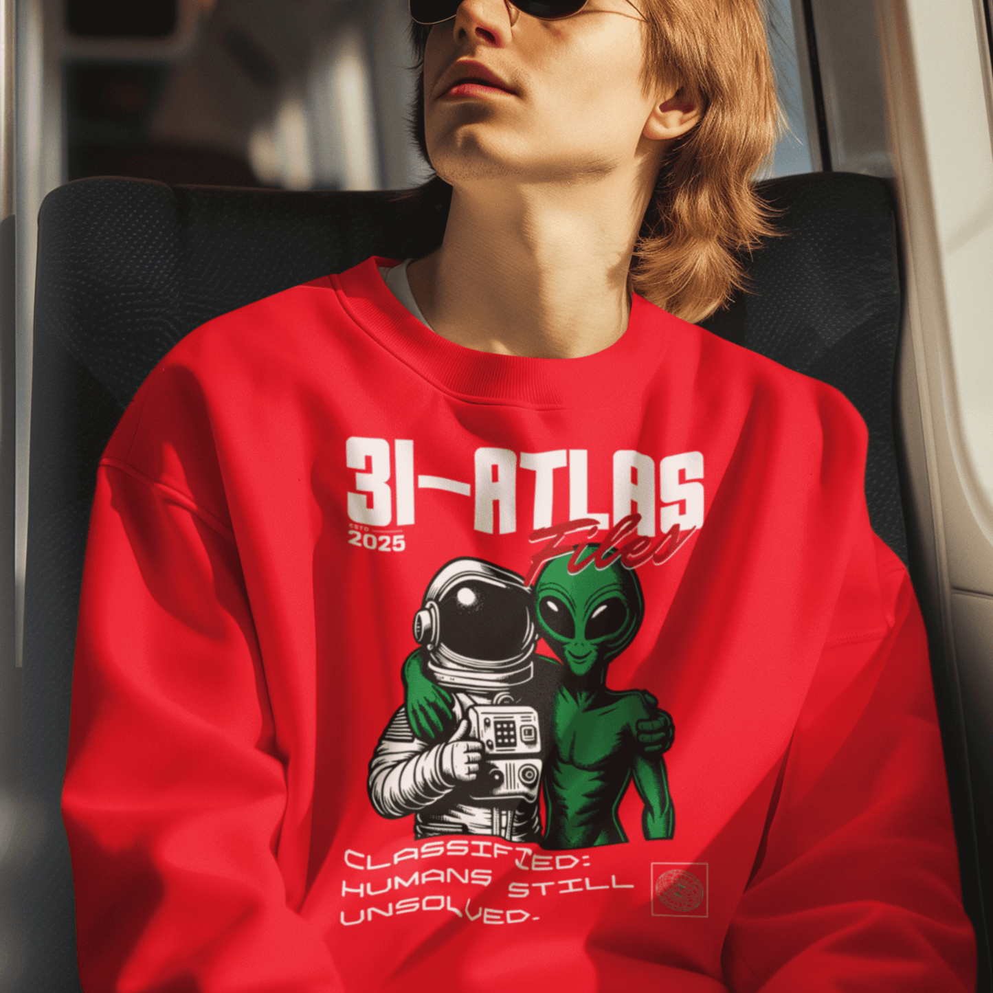 Model wearing unisex sci-fi humor sweatshirt with astronaut and alien graphic and retro text by LostLogicCo Canada.