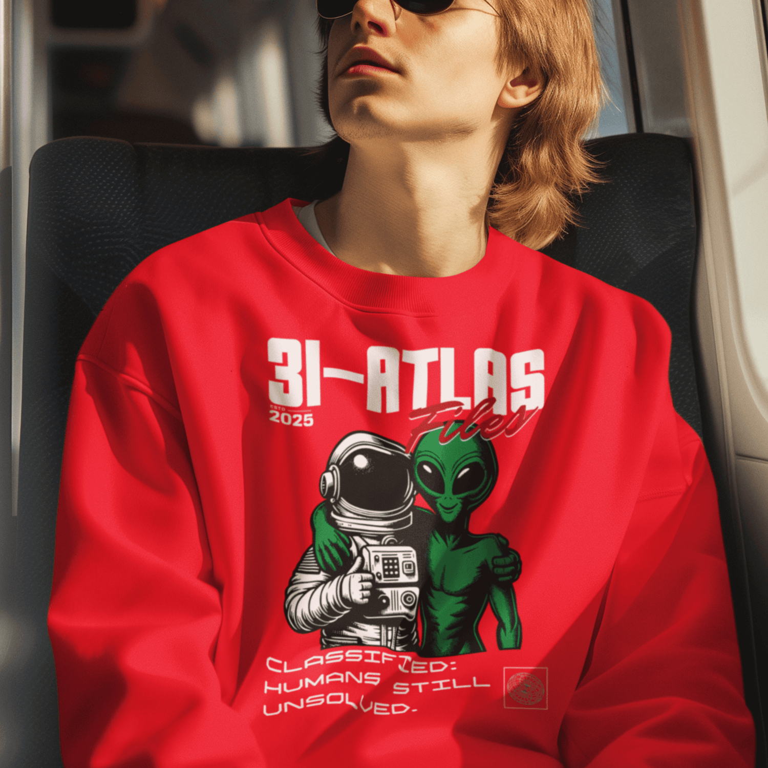 Model wearing unisex sci-fi humor sweatshirt with astronaut and alien graphic and retro text by LostLogicCo Canada.