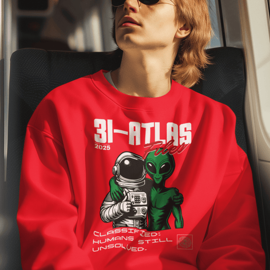 Model wearing unisex sci-fi humor sweatshirt with astronaut and alien graphic and retro text by LostLogicCo Canada.