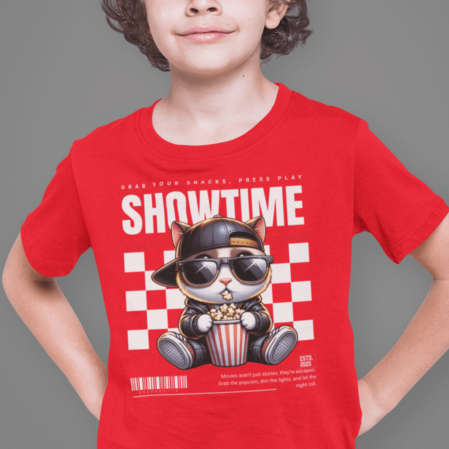 Child wearing “Showtime Cat” movie-night t-shirt, sporty cotton-poly kids tee by LostLogicCo Canada