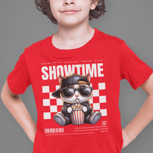 Child wearing “Showtime Cat” movie-night t-shirt, sporty cotton-poly kids tee by LostLogicCo Canada