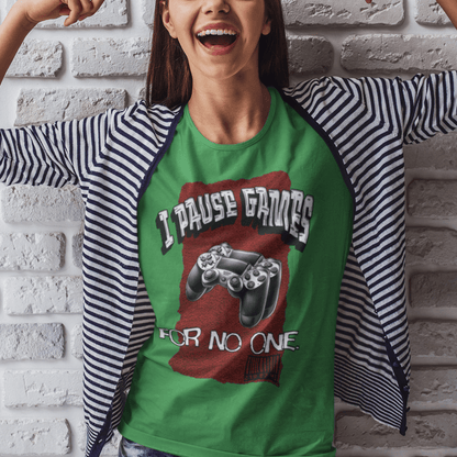 Model wearing unisex gamer t-shirt with “I Pause Games for No One” design, casual short sleeve tee by LostLogicCo Canada