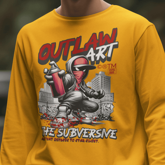 Model wearing graphic crewneck sweatshirt featuring “Outlaw Art: The Subversive” rebel illustration, unisex streetwear by LostLogicCo Canada