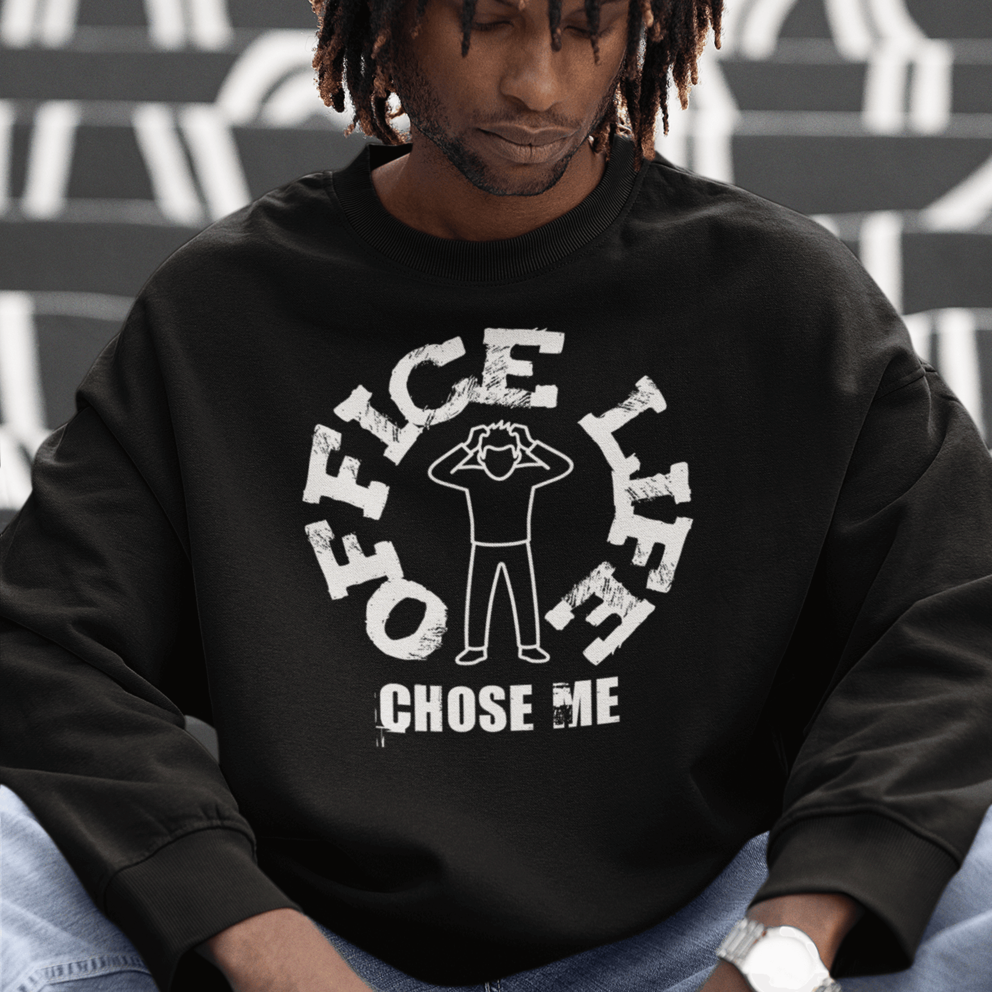 Model wearing black crew neck sweatshirt featuring “Office Life Chose Me” office humor text, unisex workwear style by LostLogicCo Canada