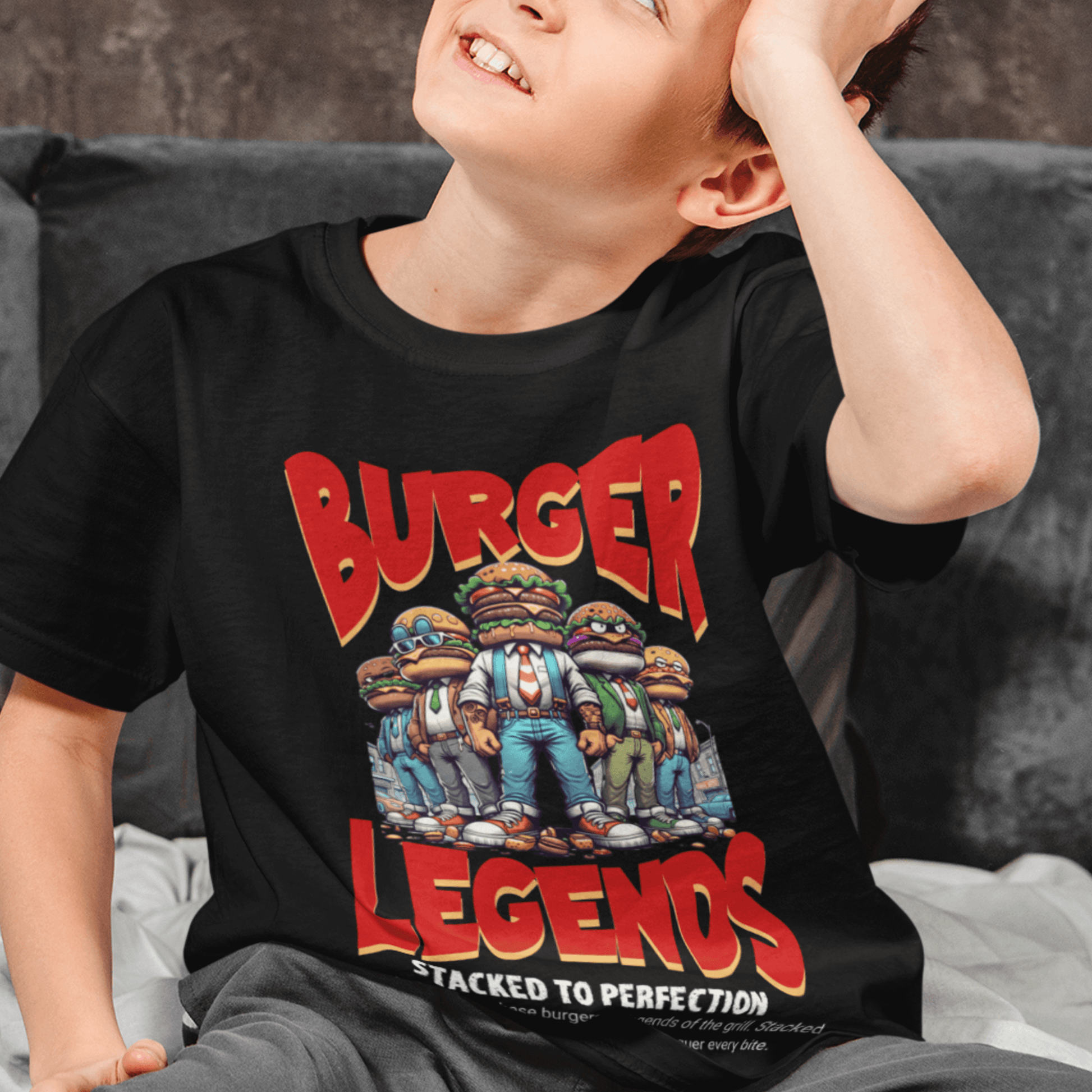 Child wearing “Burger Legends” funny kids graphic t-shirt, casual cotton youth tee by LostLogicCo Canada