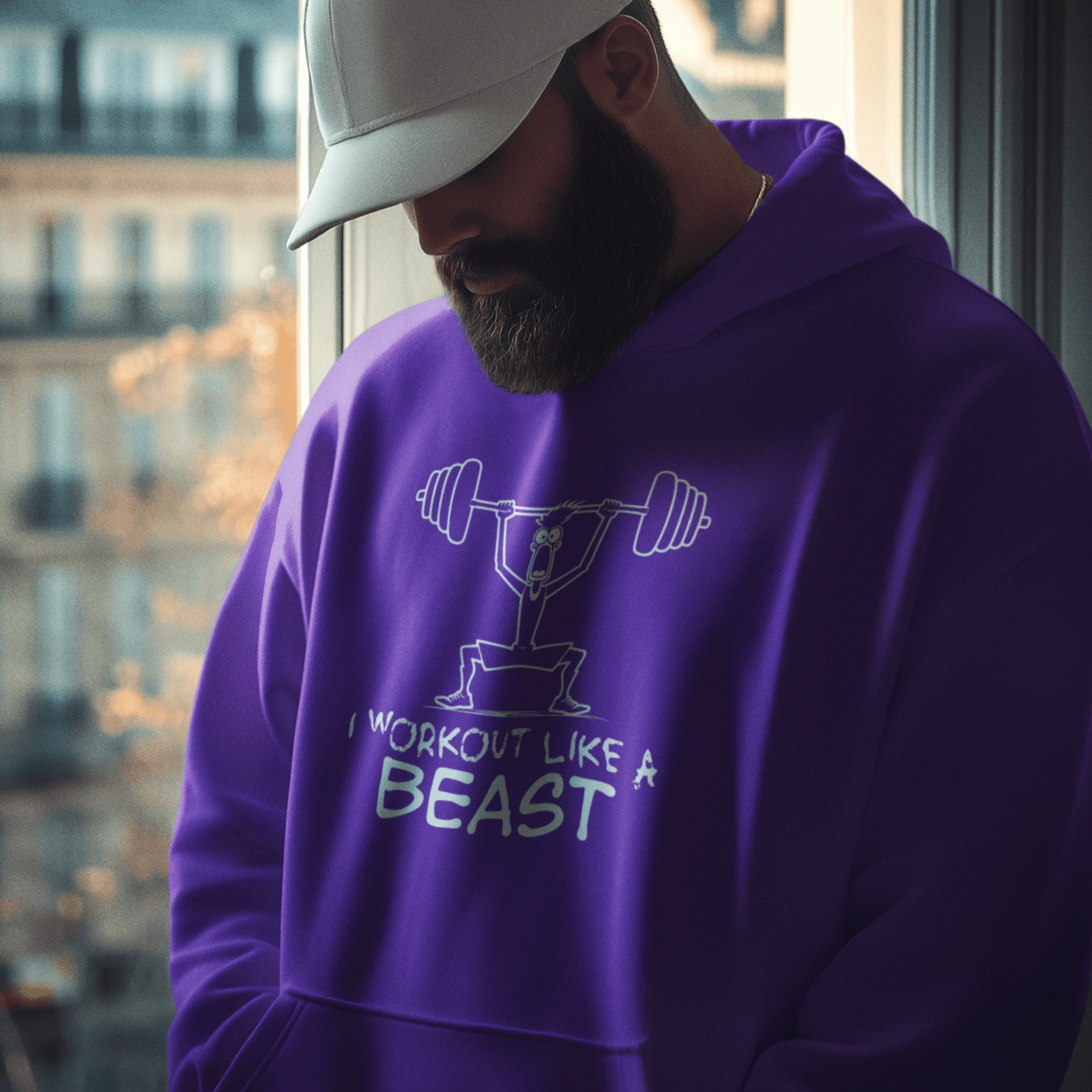 Model wearing purple hoodie featuring weightlifter illustration and “I Workout Like a Beast” typography, unisex fitness streetwear by LostLogicCo Canada