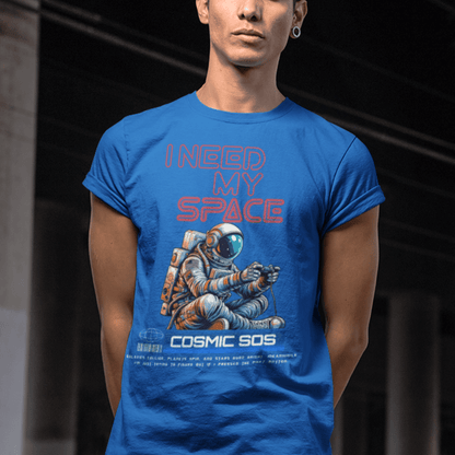 Model wearing “I Need My Space Cosmic SOS” astronaut design t-shirt, black unisex cotton tee by LostLogicCo Canada