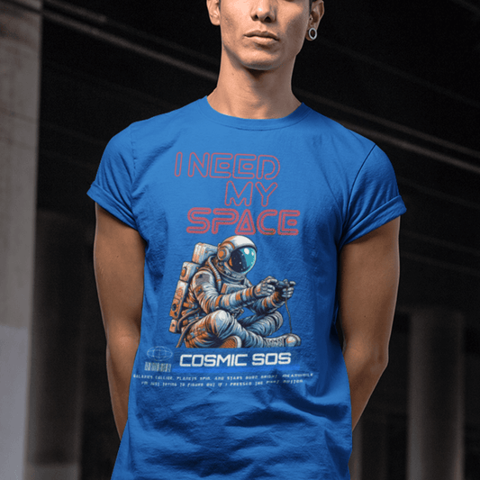 Model wearing “I Need My Space Cosmic SOS” astronaut design t-shirt, black unisex cotton tee by LostLogicCo Canada