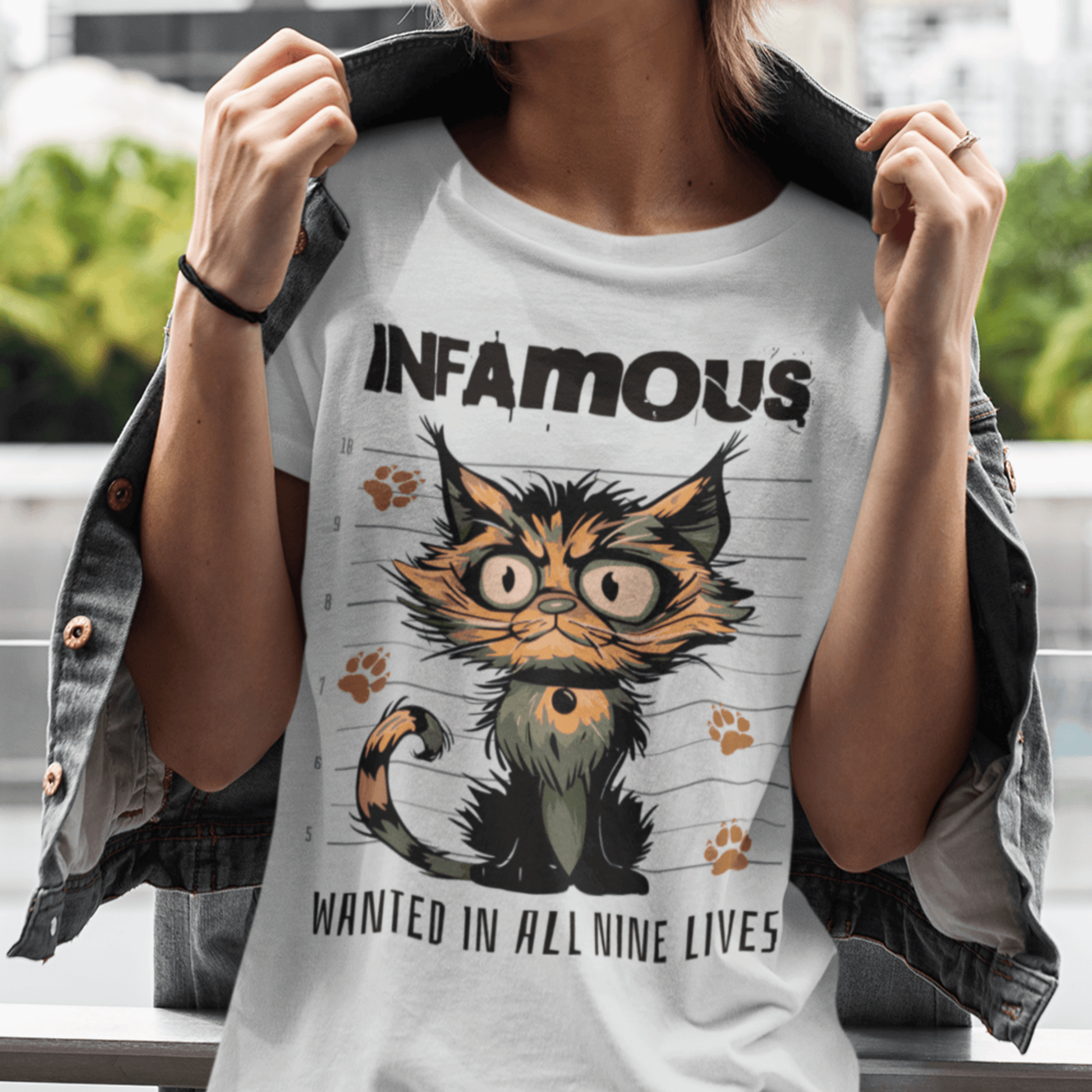 Person wearing “Infamous Cat” funny mugshot t-shirt, unisex moisture-wicking graphic tee by LostLogicCo Canada