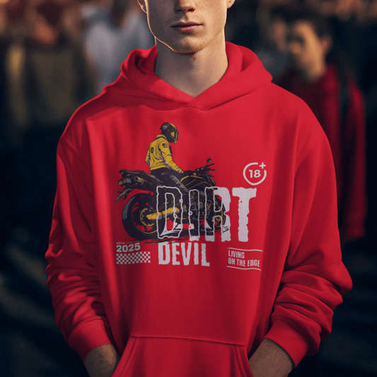 Model wearing red motorcycle hoodie with “Dirt Devil” bold design and biker artwork, unisex streetwear hoodie by LostLogicCo Canada