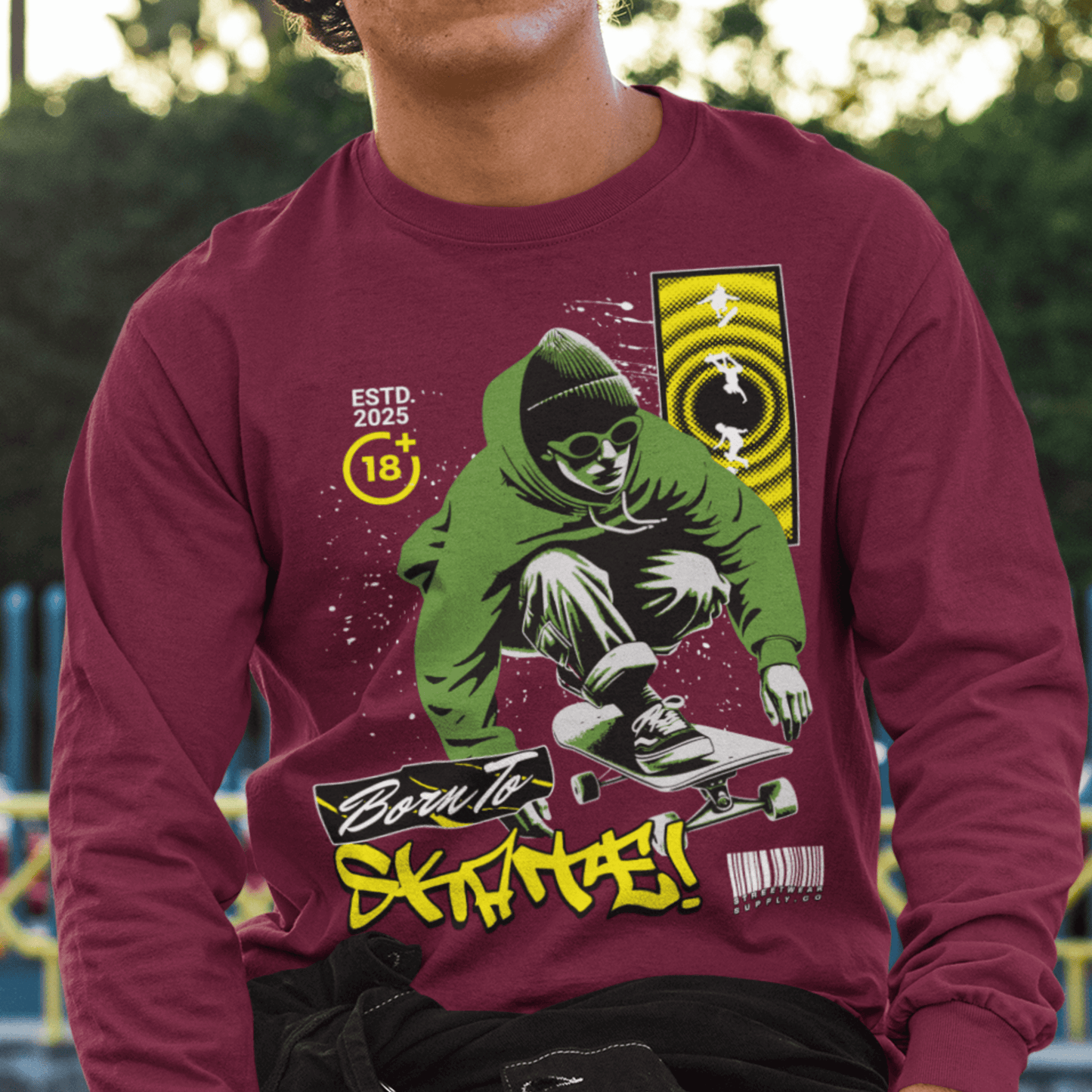 Model wearing “Born To Skate” unisex sweatshirt with green and yellow streetwear skateboard design, cozy crewneck by LostLogicCo Canada