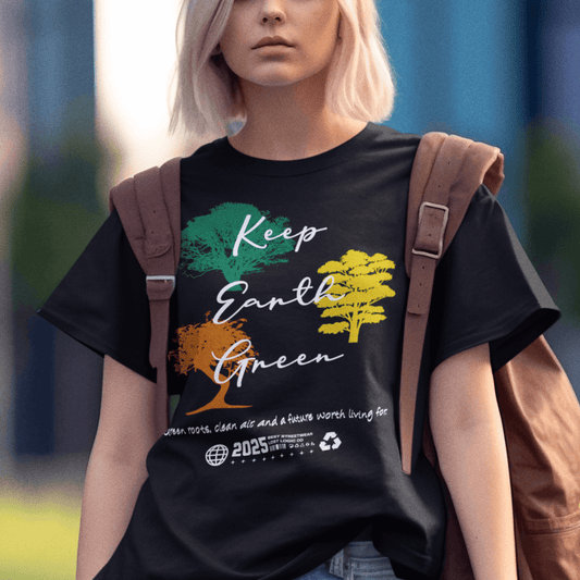 Model wearing “Keep Earth Green” unisex t-shirt with tree artwork and environmental message, soft cotton tee by LostLogicCo Canada