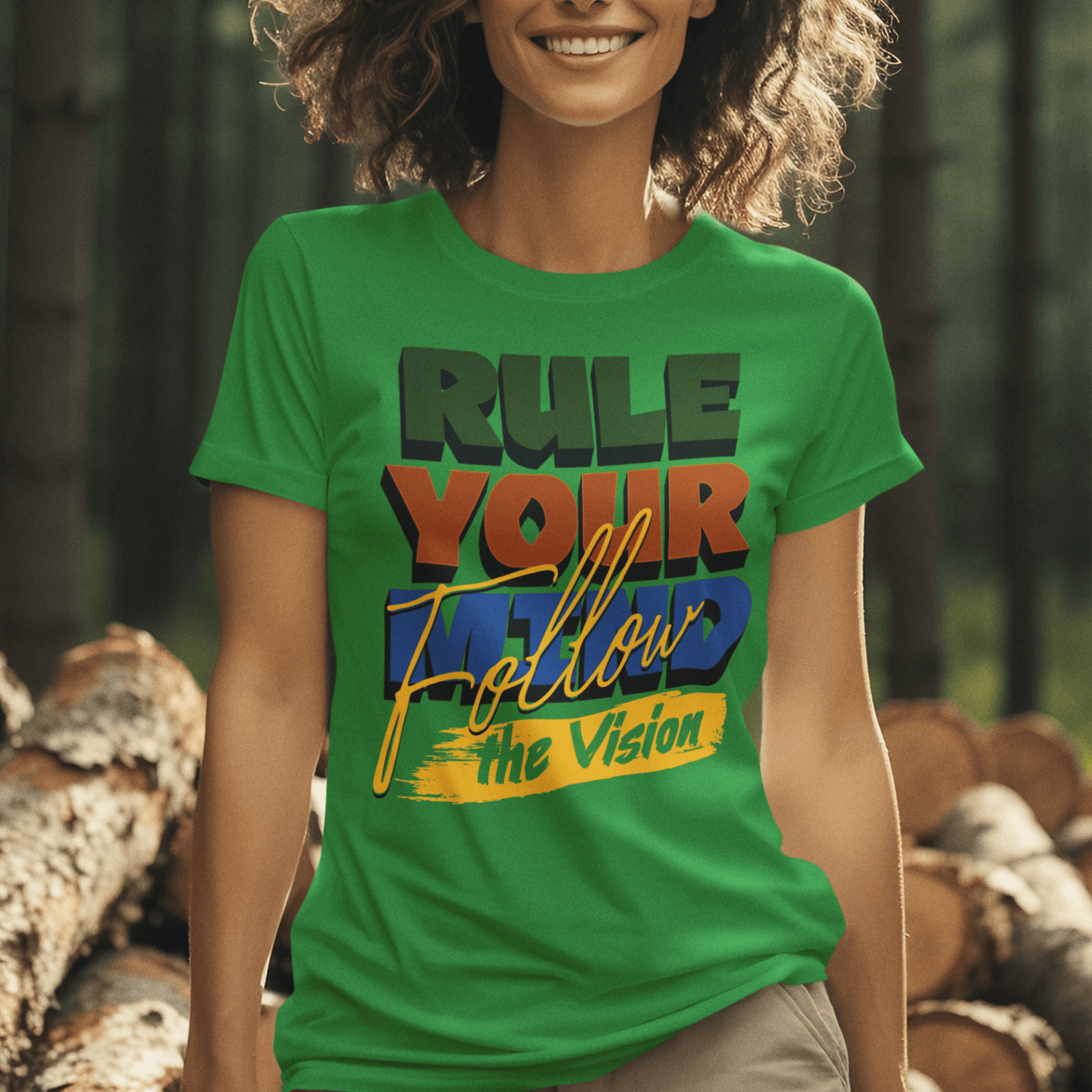 Model wearing unisex typography t-shirt with “Rule Your Mind Follow the Vision” bold design, casual cotton tee by LostLogicCo Canada