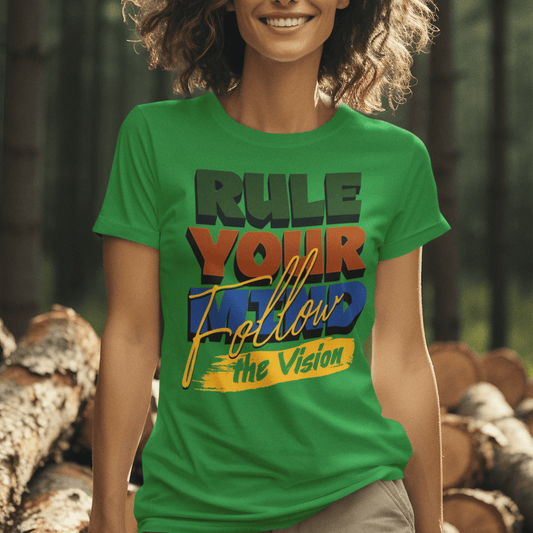 Model wearing unisex typography t-shirt with “Rule Your Mind Follow the Vision” bold design, casual cotton tee by LostLogicCo Canada