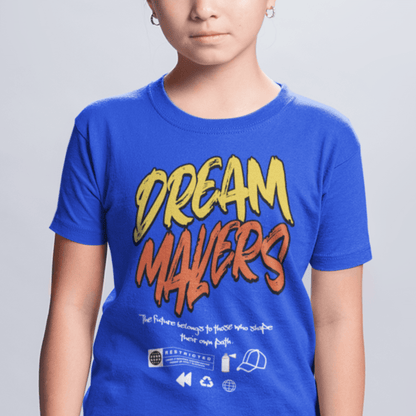 Child wearing “Dream Makers” motivational typography t-shirt, soft cotton youth tee by LostLogicCo Canada