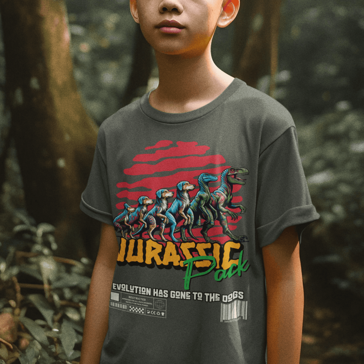 Child wearing youth “Jurassic Pack” dinosaur graphic t-shirt, casual sports tee by LostLogicCo Canada