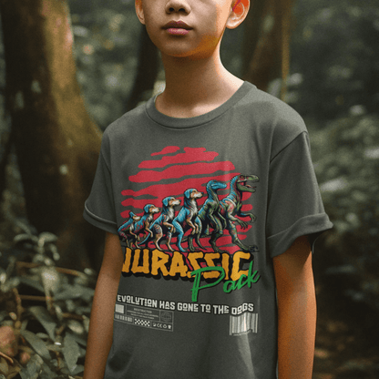 Child wearing youth “Jurassic Pack” dinosaur graphic t-shirt, casual sports tee by LostLogicCo Canada