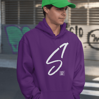 Male Model wearing purple hoodie featuring bold minimal “S1” signature graphic, modern streetwear design by LostLogicCo Canada