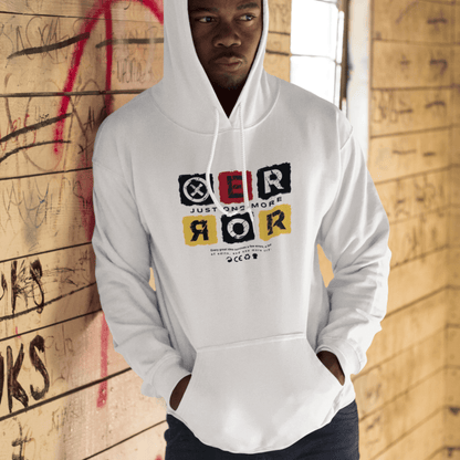 Model wearing Just One More Error hoodie with bold typography design in casual setting