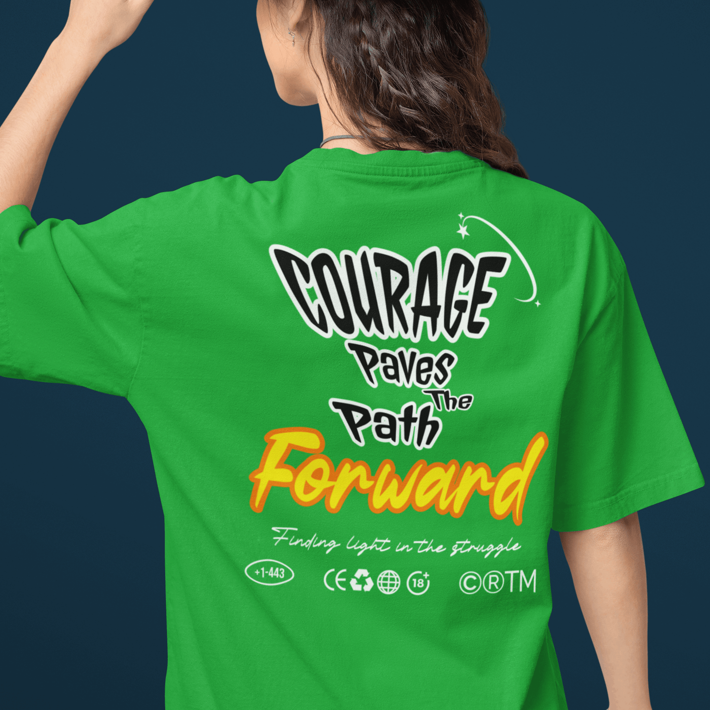 Model showing back design “Courage Paves the Path Forward” on unisex t-shirt, motivational back print tee by LostLogicCo Canada