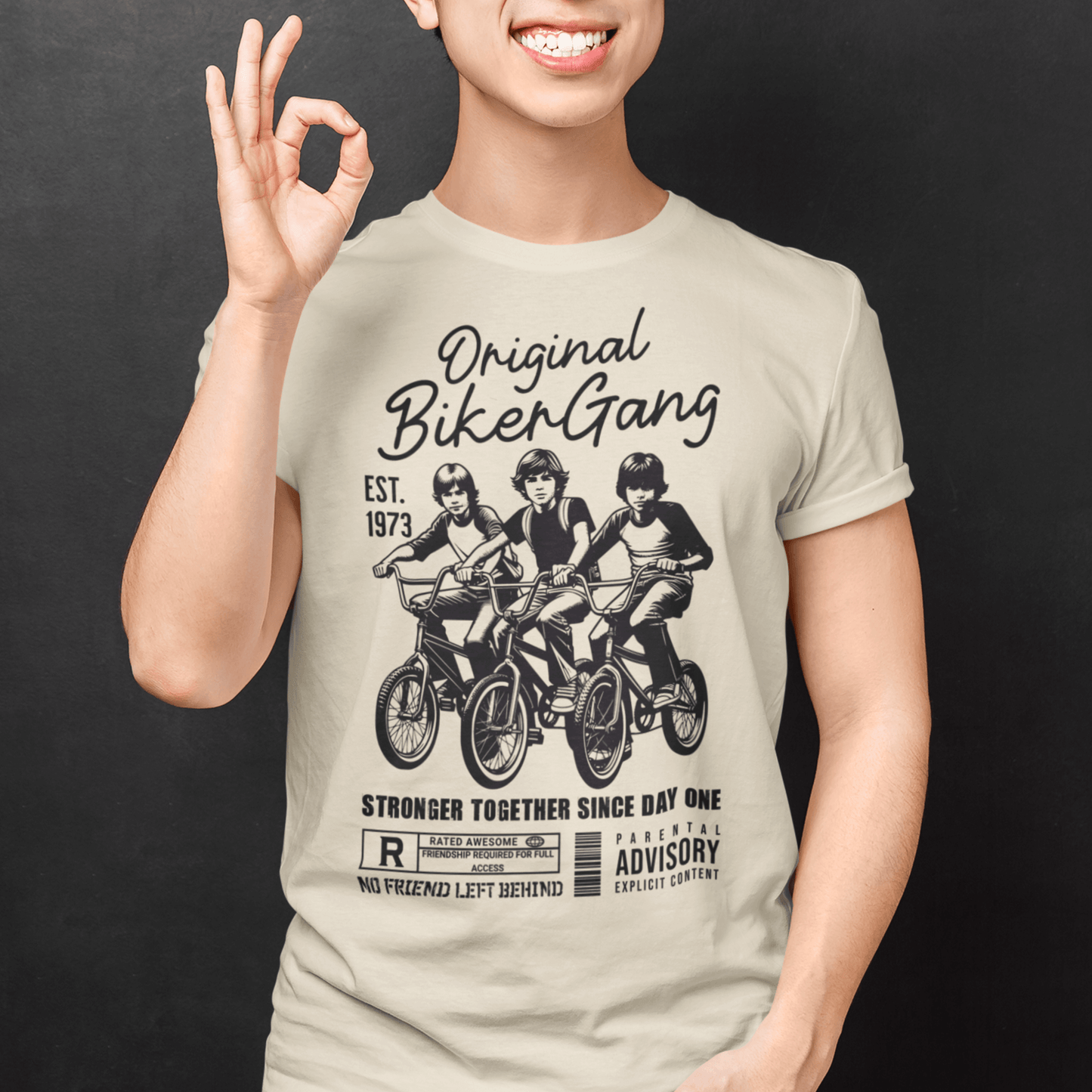 Youth wearing “Original Biker Gang” kids graphic t-shirt, vintage-style youth tee by LostLogicCo Canada