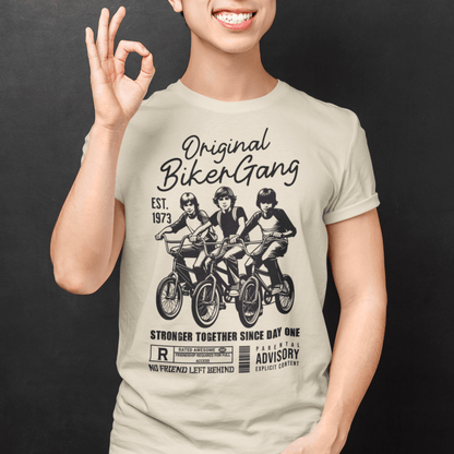 Youth wearing “Original Biker Gang” kids graphic t-shirt, vintage-style youth tee by LostLogicCo Canada