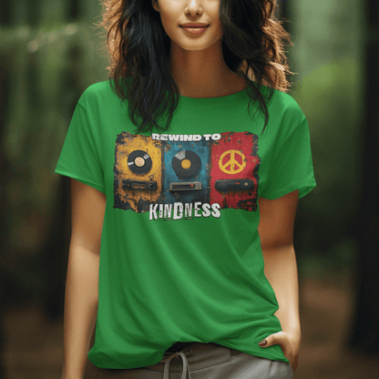 Model wearing unisex graphic t-shirt with “Rewind to Kindness” retro music design, casual cotton tee by LostLogicCo Canada