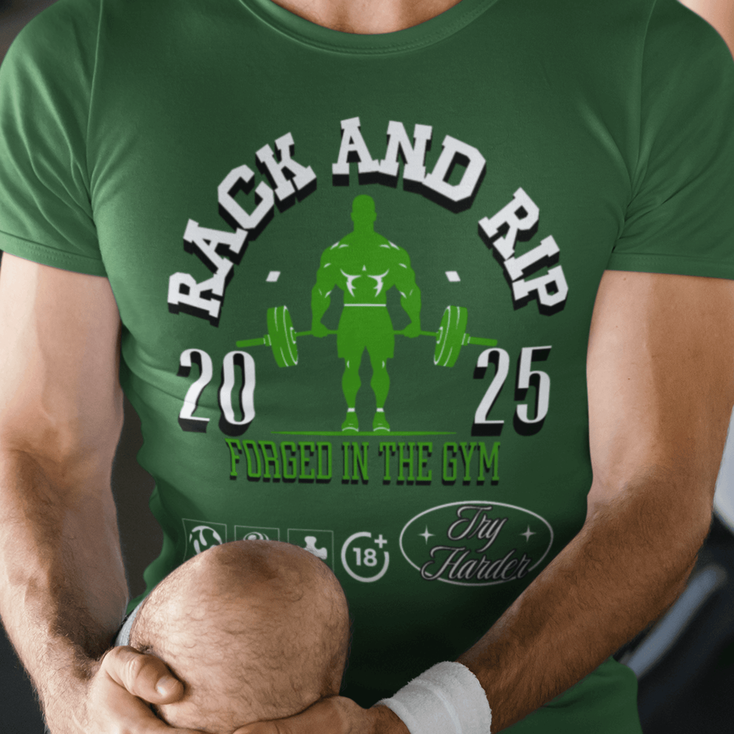 Model wearing “RACK AND RIP Forged in the Gym” unisex DryBlend fitness t-shirt with bold green weightlifter print by LostLogicCo Canada