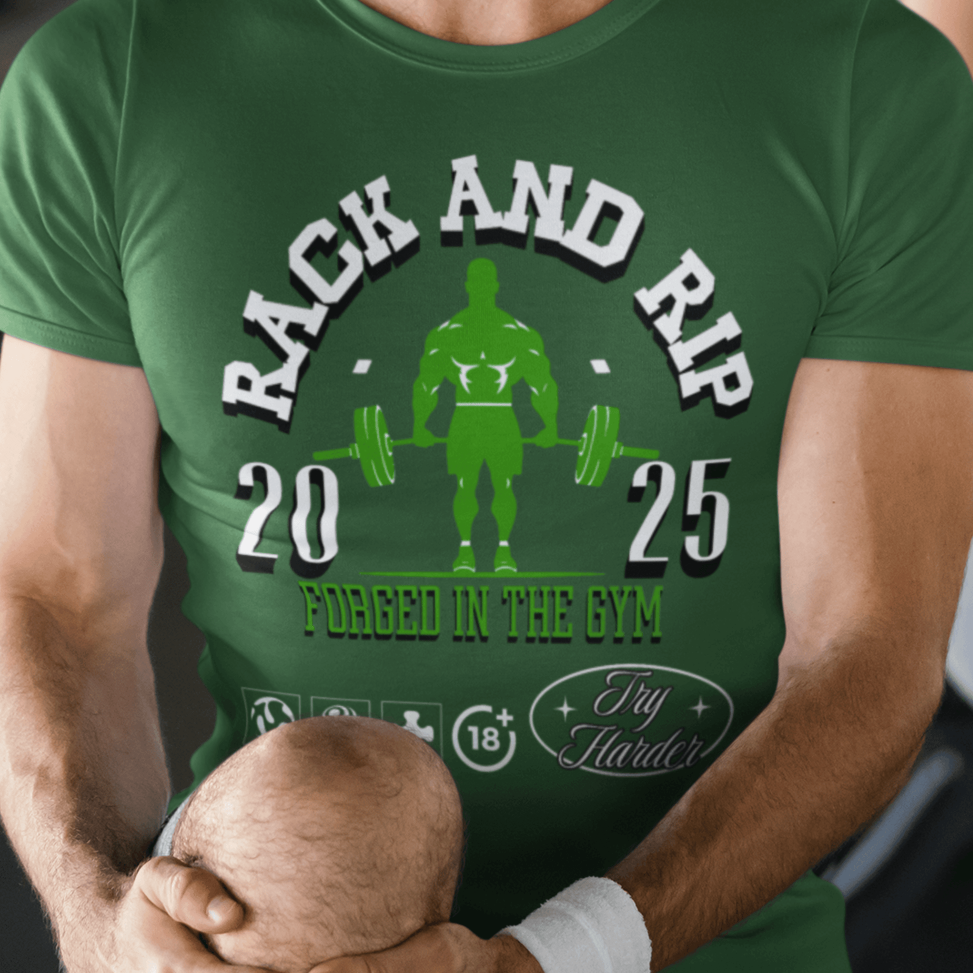 Model wearing “RACK AND RIP Forged in the Gym” unisex DryBlend fitness t-shirt with bold green weightlifter print by LostLogicCo Canada