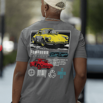 Person wearing “Carrera Turbo Engine” back print car t-shirt, unisex classic cotton streetwear tee by LostLogicCo Canada