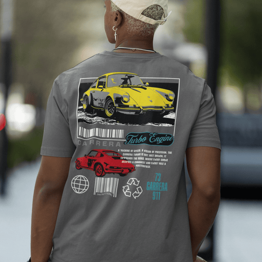 Person wearing “Carrera Turbo Engine” back print car t-shirt, unisex classic cotton streetwear tee by LostLogicCo Canada